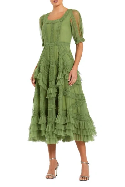 Mac Duggal Petite Short Sleeve Mesh Mirco Ruffle Midi Dress In Green