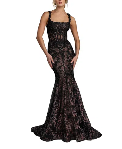 Mac Duggal Petite Embellished Mesh Sleeveless Trumpet Gown In Black
