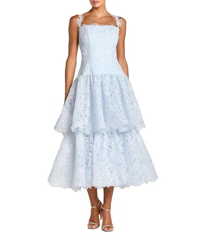 Mac Duggal Petite Sleeveless Embroidered Lace Tiered Midi Dress In Blue