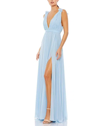 Mac Duggal Petite Sleeveless Pleated Chiffon V-neck Gown In Blue