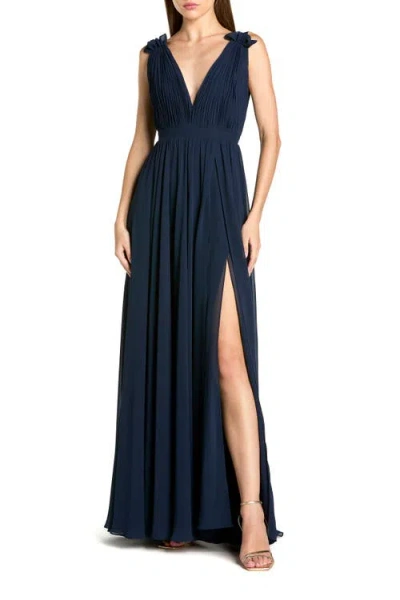Mac Duggal Petite Sleeveless Pleated Chiffon V-neck Gown In Blue