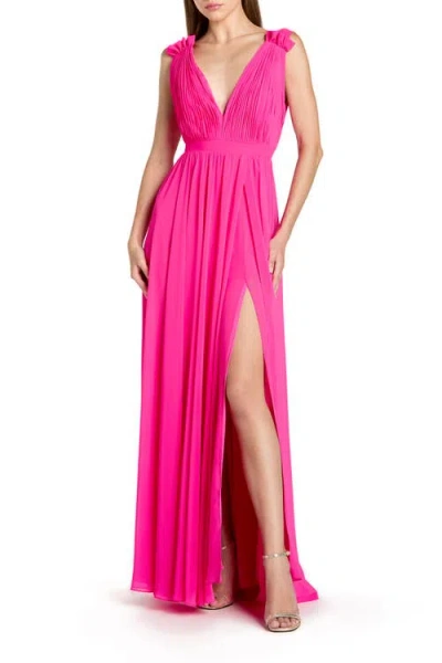 Mac Duggal Petite Sleeveless Pleated Chiffon V-neck Gown In Pink