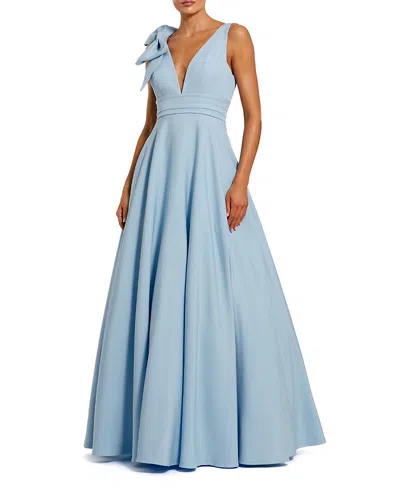 Mac Duggal Petite Sleeveless Plunge Neck Ball Gown With Bow Detail In Blue