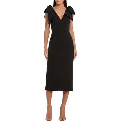 Mac Duggal Petite Statement Bow Shoulder Crepe Midi Dress In Black
