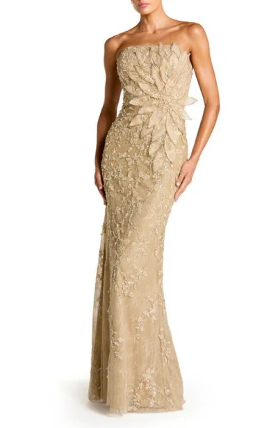Mac Duggal Petite Strapless Embellished Lace Gown With 3d Flower In Gold