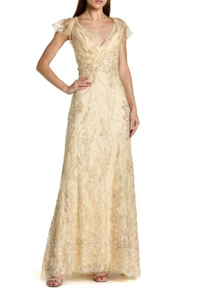 Mac Duggal Petite V Neck Flutter Sleeve Floral Embroidered Gown In Gold