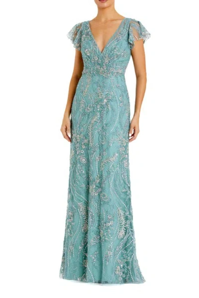 Mac Duggal Petite V Neck Flutter Sleeve Floral Embroidered Gown In Green