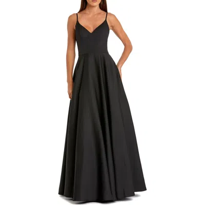 Mac Duggal Petite V-neck Ball Gown With Belted A-line Skirt In Black