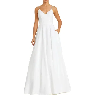 Mac Duggal Petite V-neck Ball Gown With Belted A-line Skirt In White