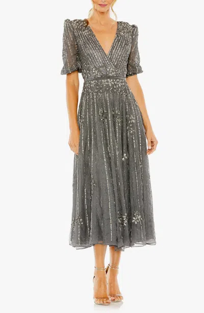 Pre-owned Mac Duggal Pewter Sequin Embellished Puff Sleeve Cocktail Dress Size 8 $598 In Gray