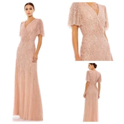 Pre-owned Mac Duggal Pink Embellished Flutter Sleeve Gown Size 4 $698