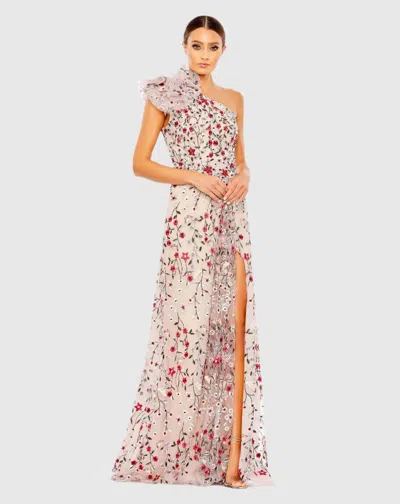 Mac Duggal Pink Embellished One Shoulder A Line Floral Gown In Multi