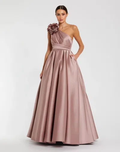 Mac Duggal Pink One Shoulder Satin Ball Gown With 3d Flower
