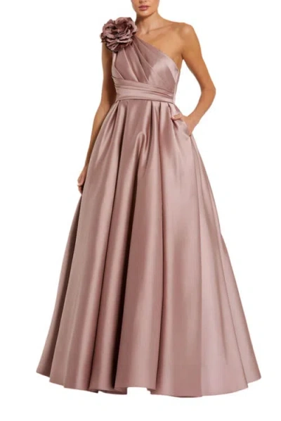 Mac Duggal Pink One Shoulder Satin Ballgown With 3d Flower