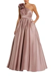 Mac Duggal Pink One Shoulder Satin Ballgown With 3d Flower