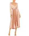 Mac Duggal Pleated Long Sleeve V-neck Dress In Neutral