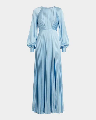 Mac Duggal Pleated A-line Satin Charmeuse Gown In Blue