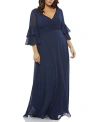 Mac Duggal Navy Pleated Bell Sleeve Chiffon Gown (plus) In Navy