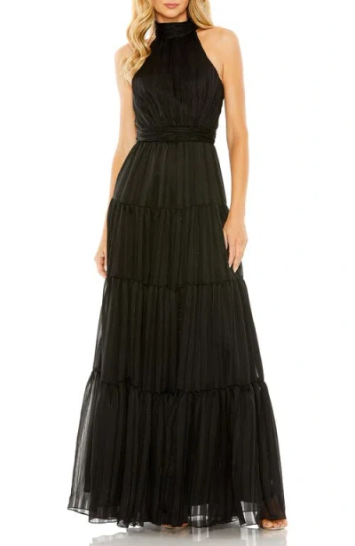 MAC DUGGAL MAC DUGGAL PLEATED BODICE TIERED TIE NECK HALTER GOWN