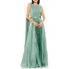 Mac Duggal Sleeveless High Neck Cape Back Heat Pleated Gown In Sage