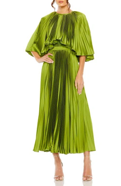 Mac Duggal Pleated Capelet Tea-length Dress In Apple Green