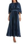 Mac Duggal Pleated Capelet Tea-length Dress In Midnight