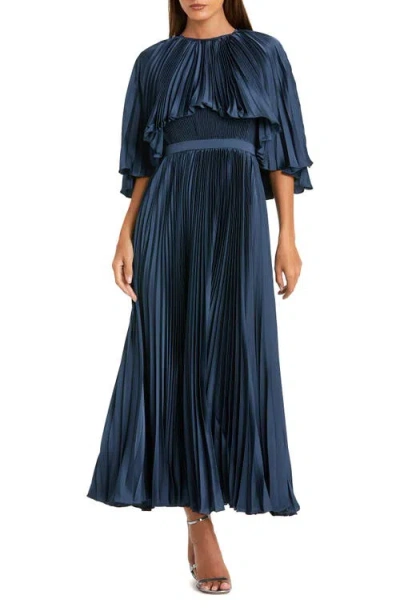 Mac Duggal Pleated Capelet Tea-length Dress In Midnight