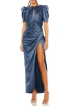 Mac Duggal Pleated Charmeuse Dress With Puff Sleeves And Draped Waist In Blue