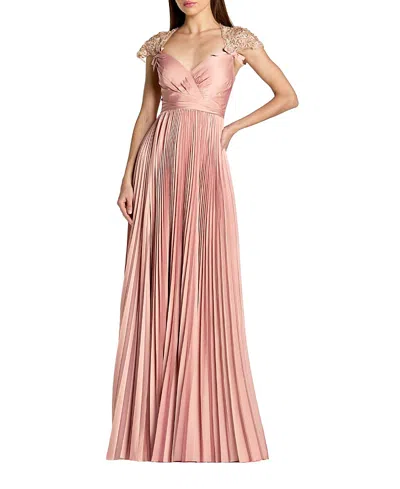 Mac Duggal Pleated Charmeuse Embellished Cap Sleeve Gown In Pink