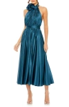 Mac Duggal Pleated Charmeuse High Neck Sleeveless Midi Dress In Ocean