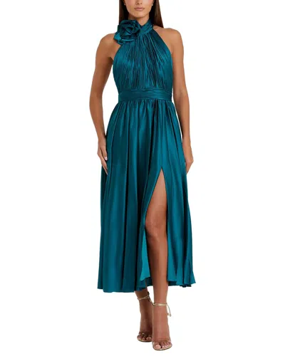Mac Duggal Pleated Charmeuse High Neck Midi Dress In Blue