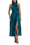 Mac Duggal Pleated Charmeuse High Neck Sleeveless Midi Dress