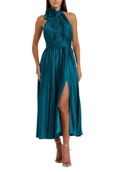 Mac Duggal Pleated Charmeuse High Neck Sleeveless Midi Dress