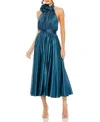 Mac Duggal Pleated Charmeuse High Neck Sleeveless Midi Dress In Ocean