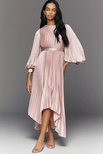 Mac Duggal Pleated Charmeuse Long-sleeve Midi Dress In Pink
