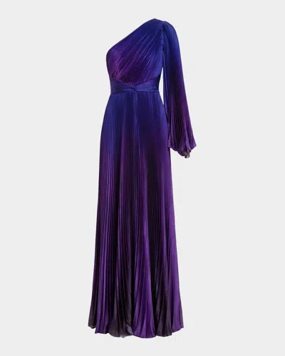 Mac Duggal Purple Pleated Charmeuse One Shoulder Ombre Gown In Blue
