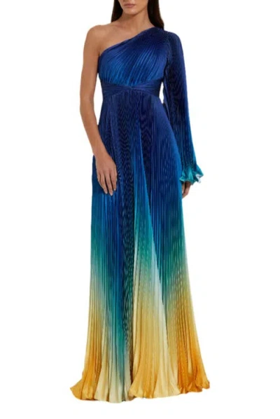 Mac Duggal Pleated Charmeuse One Long Flare Sleeve Gown In Blue Ombre