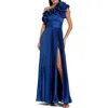 Mac Duggal Pleated Charmeuse One Shoulder Ruffle Gown In Blue
