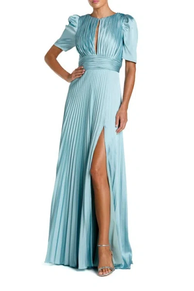 Mac Duggal Pleated Charmeuse Puff Sleeve Evening Gown With Slit In Blue