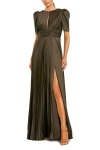 Mac Duggal Pleated Charmeuse Puff Sleeve Evening Gown With Slit In Green