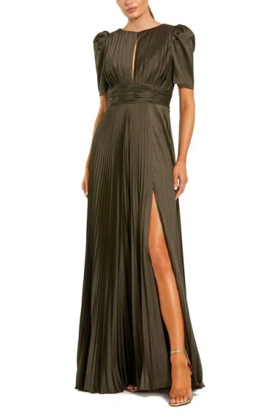 Mac Duggal Pleated Charmeuse Puff Sleeve Evening Gown With Slit In Green