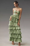 Mac Duggal Pleated Charmeuse Strapless Tiered Ruffle Gown In Green