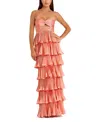 Mac Duggal Pleated Charmeuse Strapless Tiered Ruffle Gown In Red