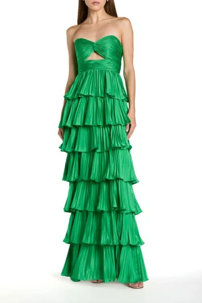 Mac Duggal Pleated Charmeuse Strapless Tiered Ruffle Gown In Green