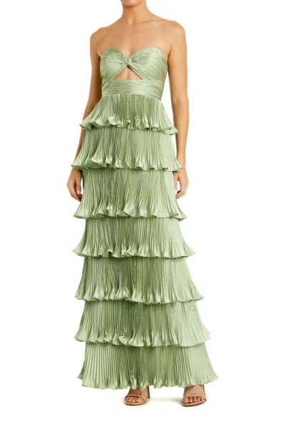 Mac Duggal Ieena Pleated Charmeuse Strapless Tiered Ruffle Gown In Green