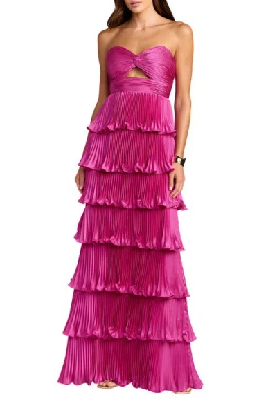 Mac Duggal Pleated Charmeuse Strapless Tiered Ruffle Gown In Pink