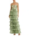 Mac Duggal Pleated Charmeuse Strapless Tiered Ruffle Gown In Sage