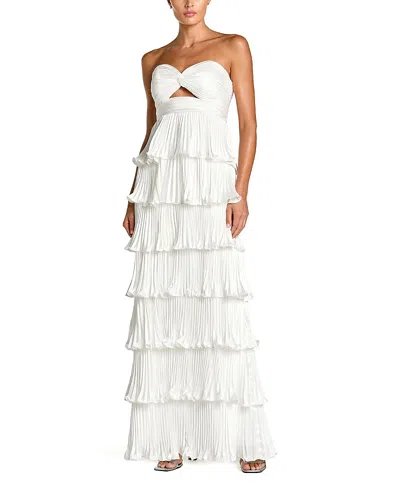 Mac Duggal Pleated Charmeuse Strapless Tiered Ruffle Gown In White