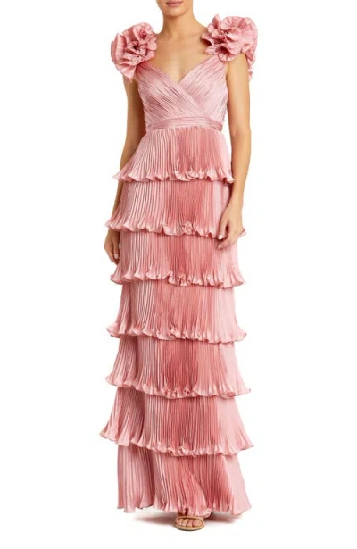 Mac Duggal Pleated Charmeuse Tiered Gown With Ruffle Straps