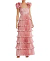 Mac Duggal Pleated Charmeuse Tiered Gown With Ruffle Straps In Rose